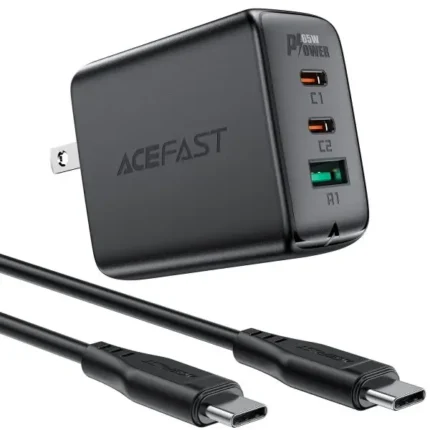 Acefast PD 65W GaN Fast Charge Wall Charger A15 – USB-C + USB-C + USB-A 3-port charger Black with FREE 1 USB C to USB C Cable – US Plug