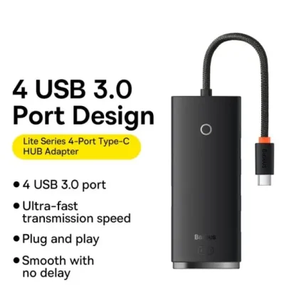Baseus Lite Type C to 4-Port USB3.0 Hub 25cm – Black